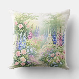 English Country Garden Path Watercolor Floral Throw Pillow