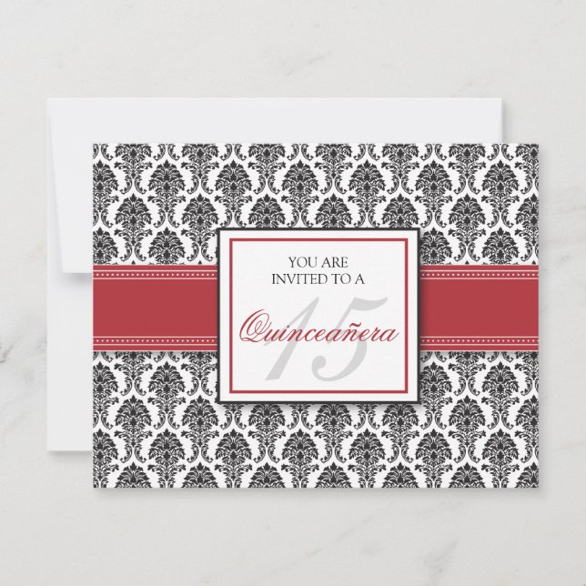 ENGLISH Cranberry Damask Quinceanera Invitation (Front)