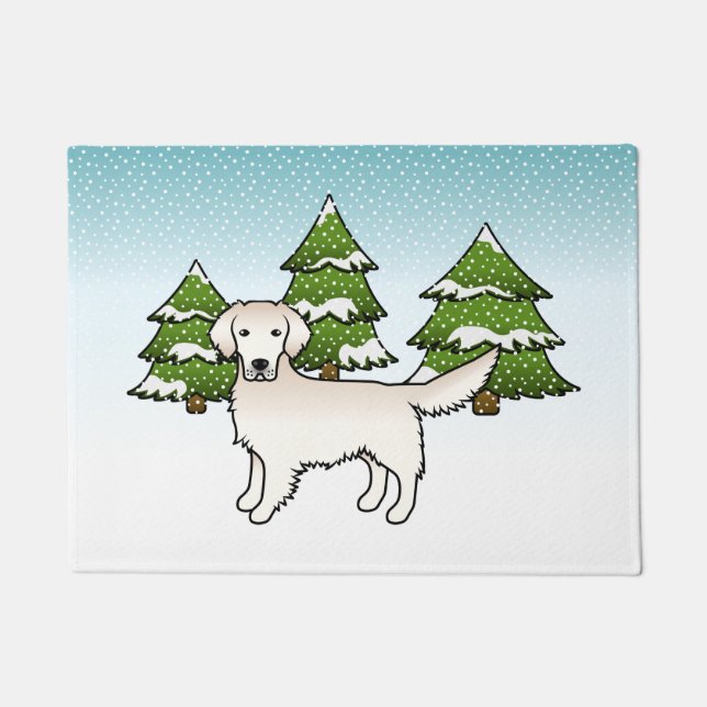 English Cream Golden Retriever In Winter & Trees Doormat (Front)