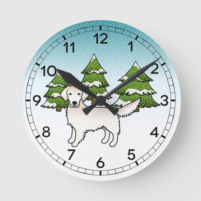 English Cream Golden Retriever In Winter & Trees Round Clock (Front)
