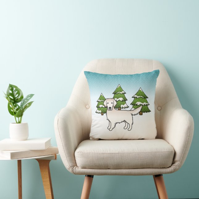 English Cream Golden Retriever In Winter & Trees Throw Pillow (Chair)