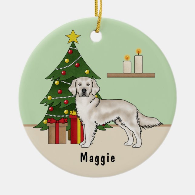 English Cream Golden Retriever With Christmas Tree Ceramic Ornament (Front)