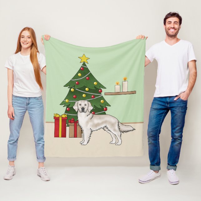 English Cream Golden Retriever With Christmas Tree Fleece Blanket (In Situ)