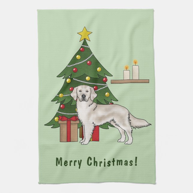 English Cream Golden Retriever With Christmas Tree Kitchen Towel (Vertical)