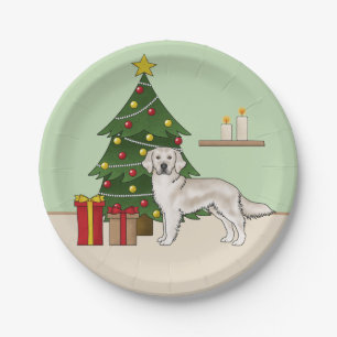 English Cream Golden Retriever With Christmas Tree Paper Plate