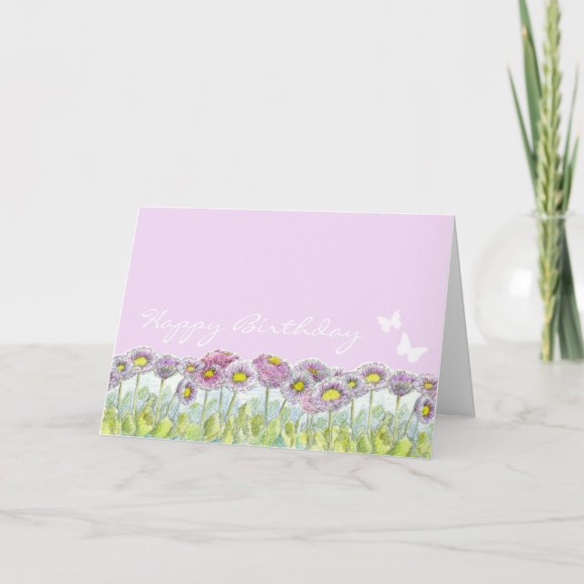 English Daisies Butterfly Pastel Happy Birthday Card (Front)