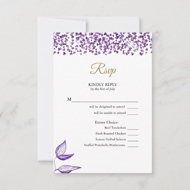 English -Español Amethyst Glitter Brillo de amatis RSVP Card (Front)