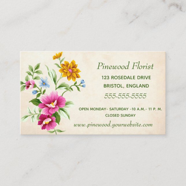 English Floral Bouquet Business Card (Front)