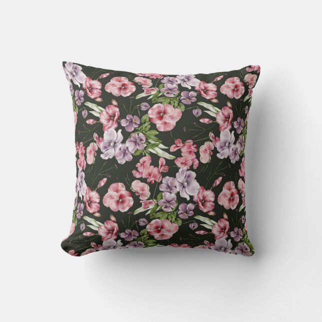 English flower design black ground pink blossom on throw pillow (Front)