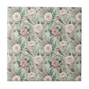 English Garden Bird & Peony Floral Pattern Artwork Tile