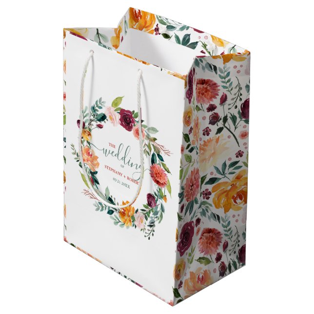 English Garden Flowers Wreath Custom Wedding Text Medium Gift Bag (Back Angled)