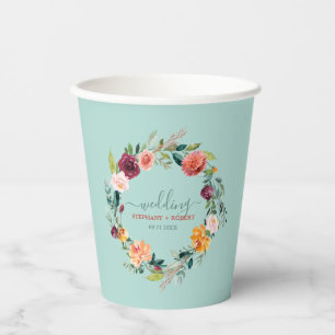 English Garden Flowers Wreath Custom Wedding Text Paper Cups