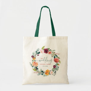 English Garden Flowers Wreath Custom Wedding Text Tote Bag