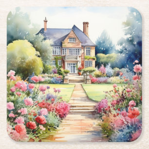 English Garden Landscape Square Paper Coaster