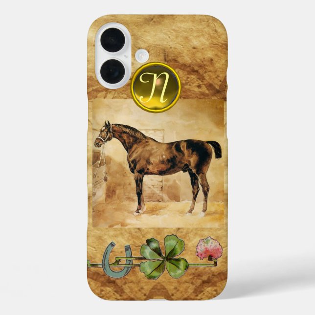 ENGLISH HORSE,HORSESHOE,CLOVER Monogram Parchment Case-Mate iPhone Case (Back)