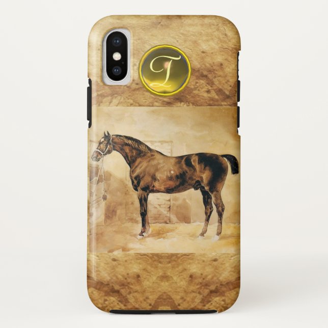 ENGLISH HORSE IN STABLE BROWN PARCHMENT MONOGRAM Case-Mate iPhone CASE (Back)