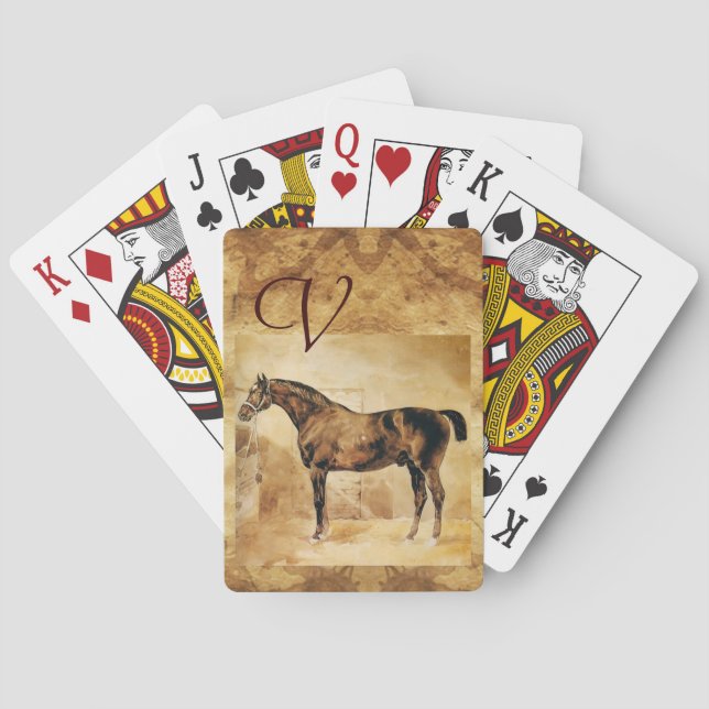 ENGLISH HORSE IN STABLE Parchment Monogram  Playing Cards (Back)