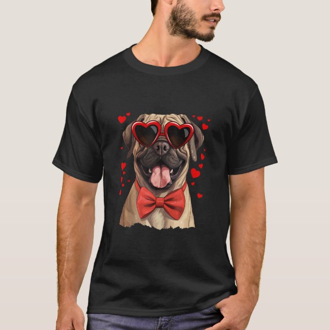 English Mastiff Dog Hearts Sunglasses Bow Tie Vale T-Shirt (Front)