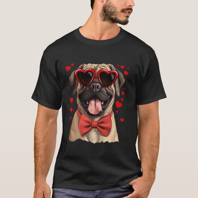 English Mastiff Dog Hearts Sunglasses Bow Tie Vale T-Shirt (Front)