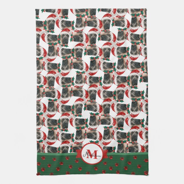 English Mastiff Pattern Monogram Christmas Dog Kitchen Towel (Vertical)