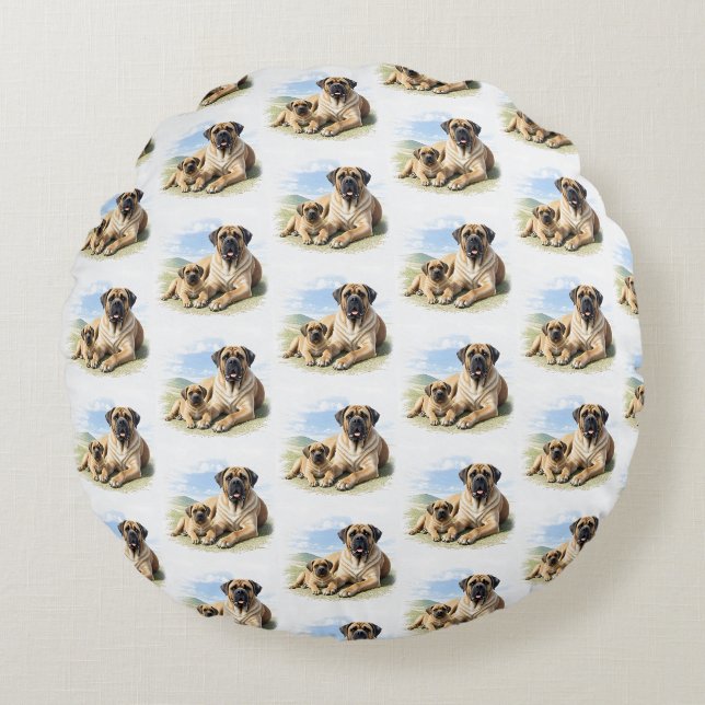 English Mastiff with child on vacation Round Pillow (Front)