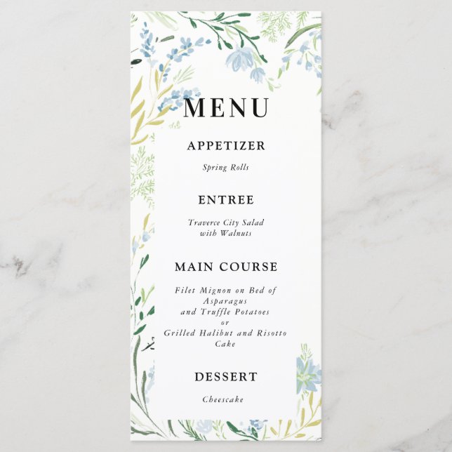 English Meadow delicate flower Wedding Menu (Front)