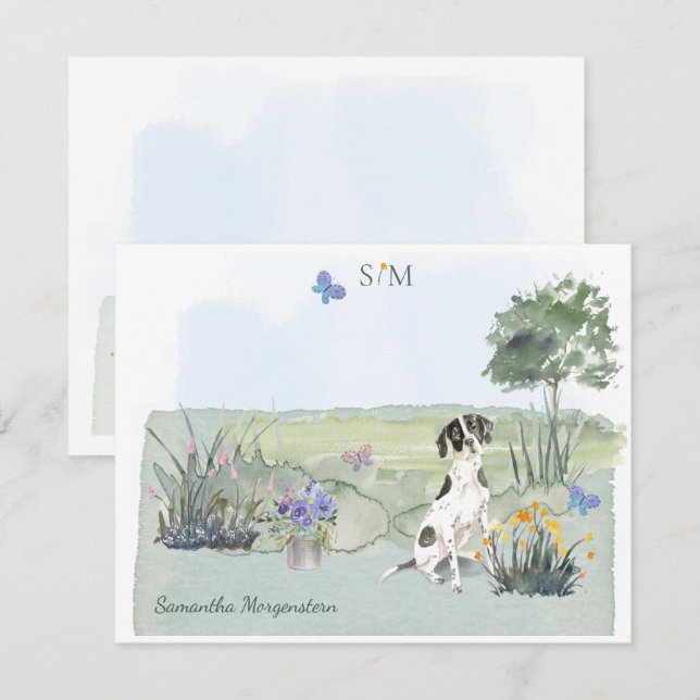 English Pointer Dog Butterfly Monogram and Name  Card (Front/Back)