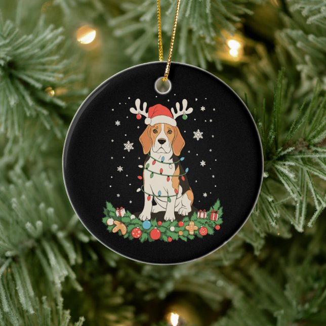 English Pointer Dog Reindeer Hat Christmas Lights Ceramic Ornament (Tree)