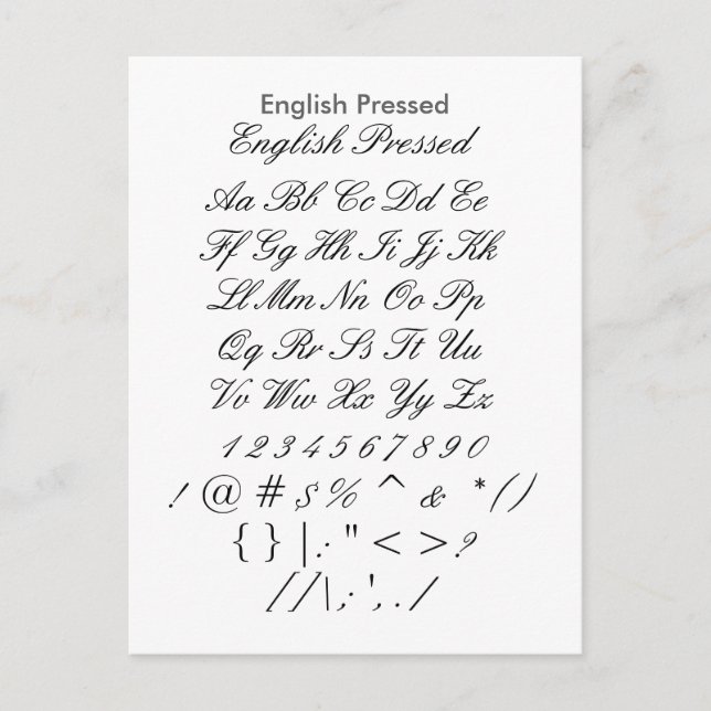 English Pressed - Zazzle Font Sampler Sheet Postcard (Front)