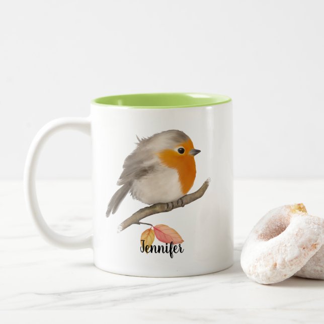 English Robin Bird Two-Tone Coffee Mug (With Donut)