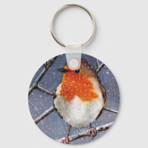 ENGLISH ROBIN IN SNOW: OIL PASTEL ART KEYCHAIN
