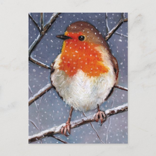 ENGLISH ROBIN IN SNOW: OIL PASTEL ART POSTCARD (Front)