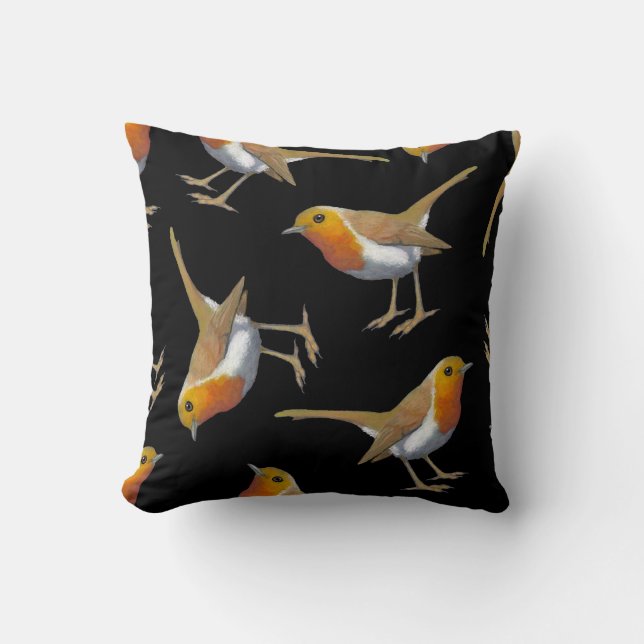 English Robin Pattern on Black, Original Art, Bird Throw Pillow (Front)
