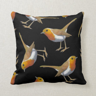 English Robin Pattern on Black, Original Art, Bird Throw Pillow