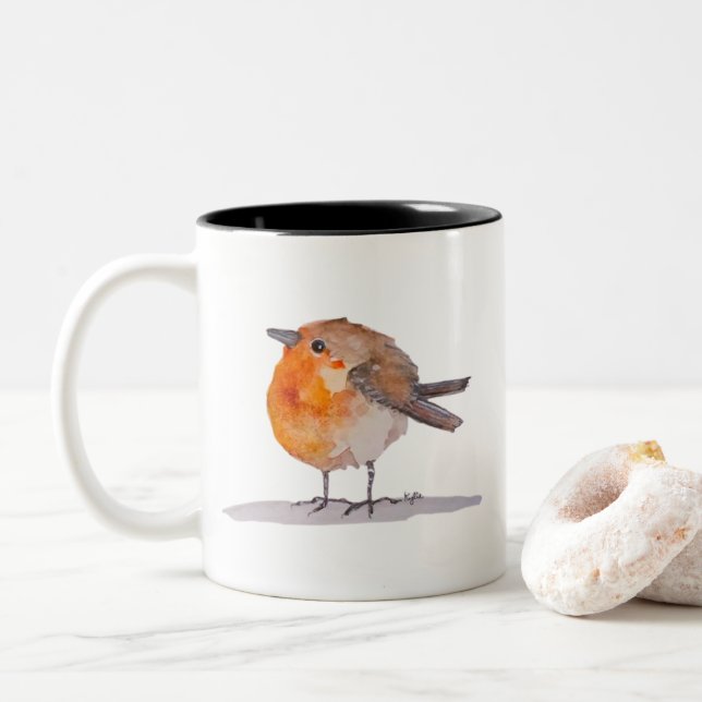 English Robin Watercolour Two-Tone Coffee Mug (With Donut)