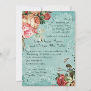 English Rose Bouquet, Vintage n Modern Swirl Leaf Invitation