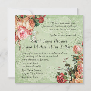 English Rose Bouquet, Vintage n Modern Swirl Leaf Invitation