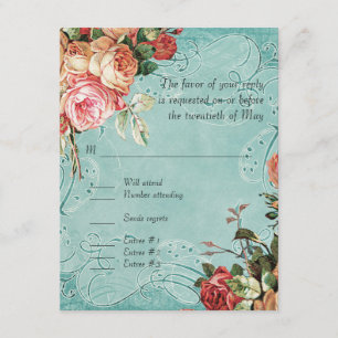 English Rose Bouquet, Vintage n Modern Swirl Leaf RSVP Card