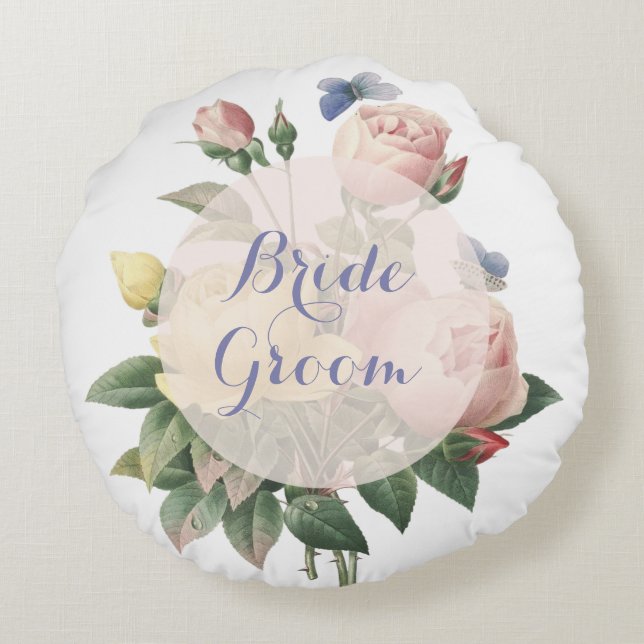 English Rose Butterfly Garden Wedding Forever Round Pillow (Back)