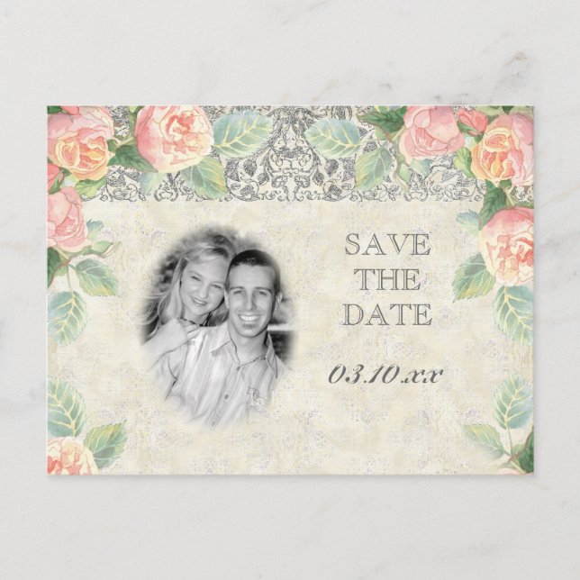 English Rose & Silver Save the Date Postcard (Front)