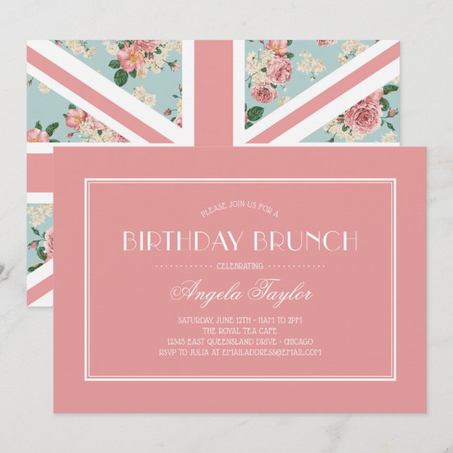 English Roses Union Jack Birthday Invitation (Front/Back)