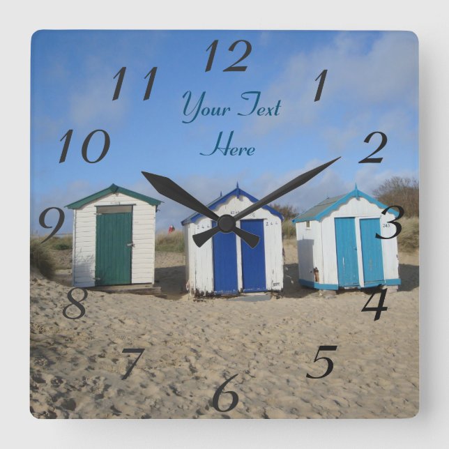 english seaside blue skies and beach huts square wall clock (Front)