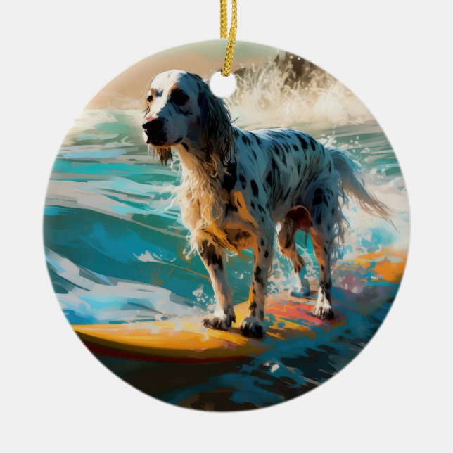 English Setter Beach Surfing Painting Ceramic Ornament (Front)