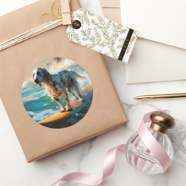 English Setter Beach Surfing Painting Classic Round Sticker (Gifting)