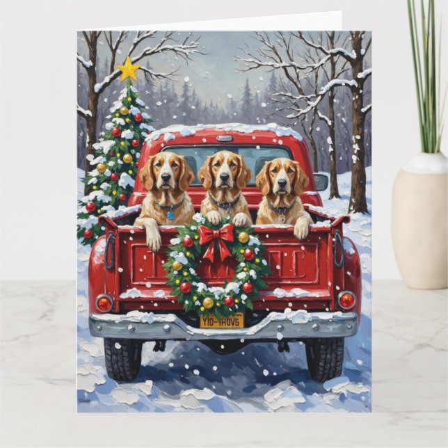 English Setter Christmas Red Truck Holiday Card (Front)