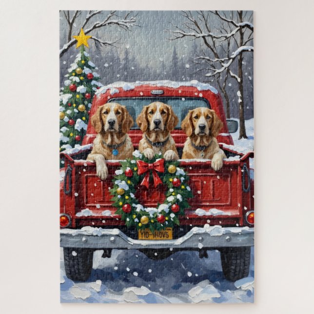 English Setter Christmas Red Truck Holiday Jigsaw Puzzle (Vertical)