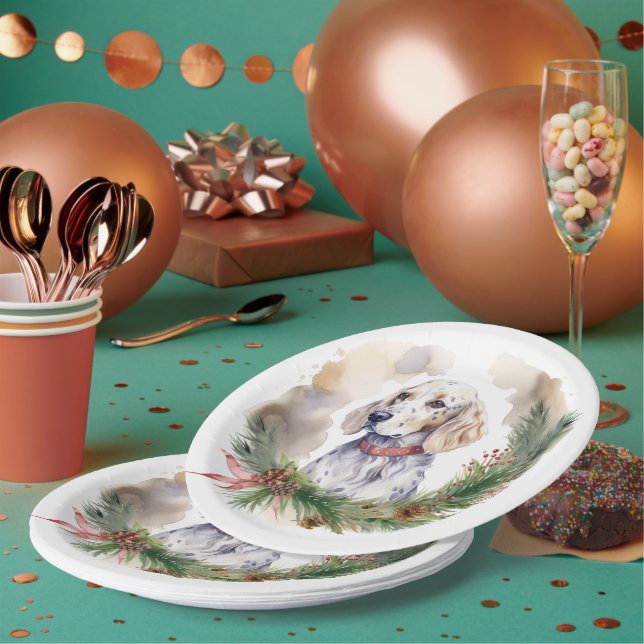 English Setter Christmas Wreath Festive Pup Paper Plate (Multi)