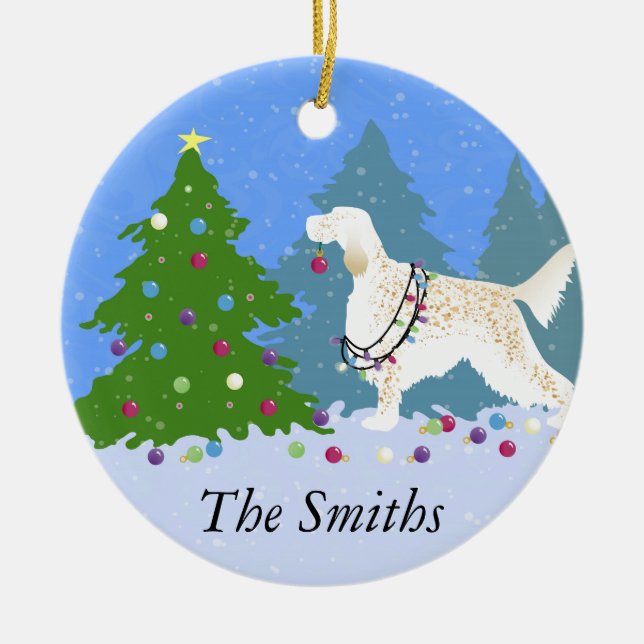 English Setter Decorating Tree in the Forest Ceramic Ornament (Front)