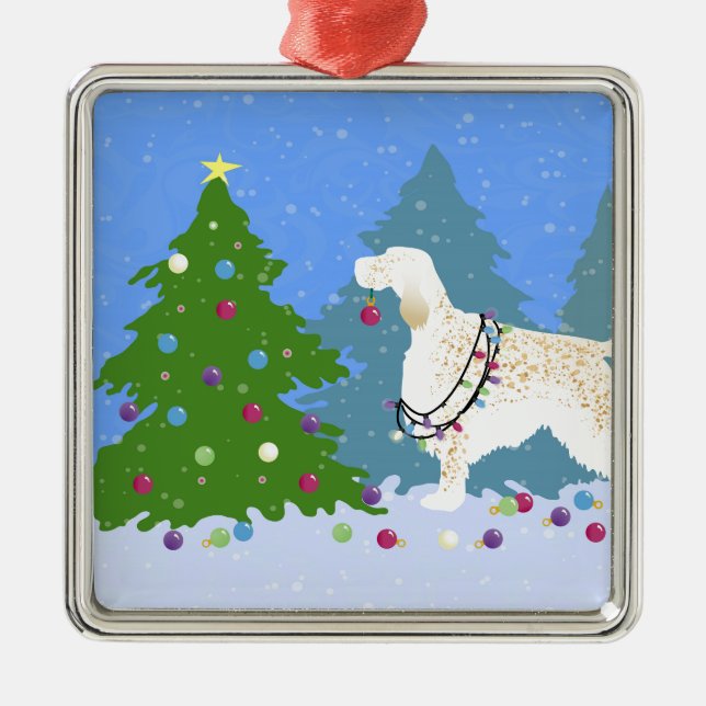 English Setter Decorating Tree in the Forest Metal Ornament (Front)