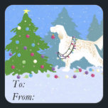 English Setter Decorating Tree in the Forest Square Sticker<br><div class="desc">English Setter dog breed side view Christmas design. This silhouette can also represent: Gordon Setter,  Irish Setter,  Setter,  Blue,  Bleu,  Picardy Spaniel,  French Spaniel,  French Setter,  Canadian Setter,  Gordon Castle Setters,  Black and Tan Setter,  Scottish Setter,  German Spaniel,  German quail dog,  Deutscher Wachtel,  Red Setter,  Irish Red Setter</div>